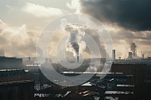 pollutant cloud hanging over industrial town, with smokestacks in the background