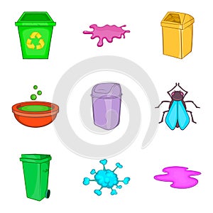 Pollutant icons set, cartoon style