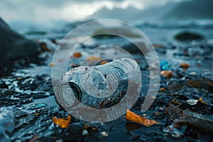 Polluted Beach with Plastic Bottle and Waste Reflecting Environmental Pollution