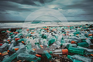 Polluted beach with plastic bottles under gloomy sky symbolizes environmental degradation.