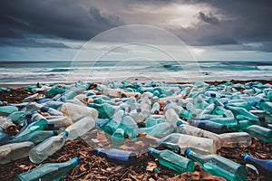 Polluted beach with plastic bottles under gloomy sky symbolizes environmental degradation.