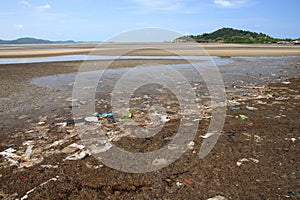 Polluted on the beach and plastic waste environment