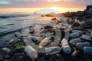 A polluted coastline, burdened by the presence of both debris and plastic waste
