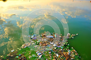 Polluted, dirty Black sea in Romania with plastic waste in the water