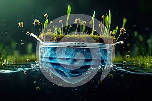 Polluted Earth: A 3D Rendering of a Protective Mask Drowning in Infected Water, Featuring NASA Elements
