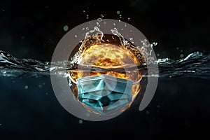 Polluted Earth: A 3D Rendering of a Protective Mask Drowning in Infected Water, Featuring NASA Elements
