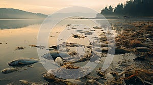 Polluted lake with dead fish washing ashore