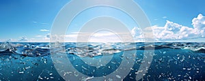 A polluted ocean with floating microplastics and larger debris, highlighting the severity of the photo