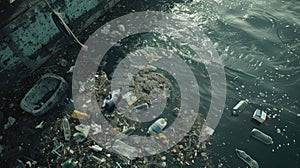 Polluted ocean. Garbage and waste. Animals suffer from pollution. Ecological disaster concept. AI-generated.