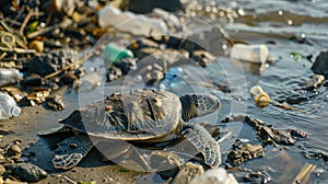 Polluted ocean. Garbage and waste. Animals suffer from pollution. Ecological disaster concept. AI-generated.