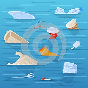 Polluted ocean, plastic disposable trash floating in water. Disposable plastic garbage in polluted ocean or sea water