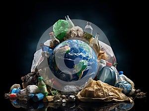 The polluted planet Earth is in a pile of dirty miscellaneous garbage