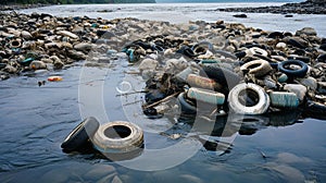 Polluted river with discarded tires