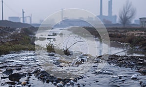 Polluted river flowing through an industrialized area