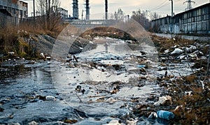 Polluted river flowing through an industrialized area