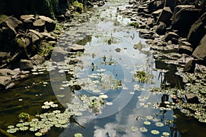 Polluted river near sewage discharge, overgrown water, environmental issue