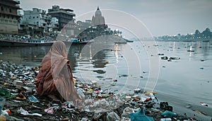 Polluted Riverbank: Environmental Crisis. Woman dressed Sari amid plastic waste, symbolizing pollution and ecological degradation