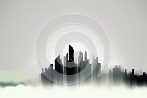 Polluted Skyline: photograph of city skyline obscured by thick layer of smog AI generation