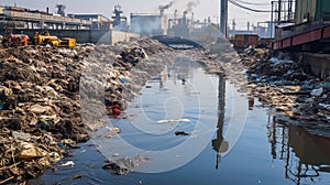 Polluted urban canal with visible contaminants