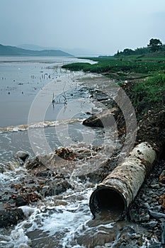 Polluted water flowing from a pipe into a natural body of water, with industrial waste.