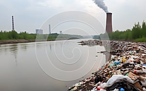 Polluted water with heap of litter and factory chimneys