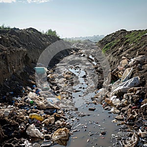 Polluted Waterway in Urban Environment