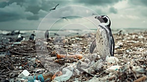 Polluted world. Garbage and waste. Animals suffer from pollution. Ecological disaster concept. AI-generated. photo
