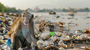 Polluted world. Garbage and waste. Animals suffer from pollution. Ecological disaster concept. AI-generated. photo