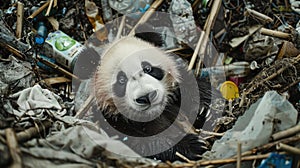 Polluted world. Garbage and waste. Animals suffer from pollution. Ecological disaster concept. AI-generated. photo