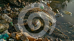 Polluted world ocean. Garbage and waste in the water. Animals suffer from pollution. Ecological disaster concept. AI