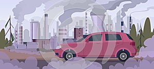 Polluter car. Atmospheric pollution industrial factory automobile traffic engine smoke bad urban environment vector