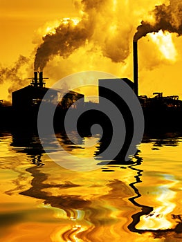 Pollution Air Quality Factory Smoke Pumping Into Atmosphere Environment Water Reflection