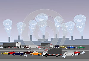 Pollution caused by cars on roads and industrial plants