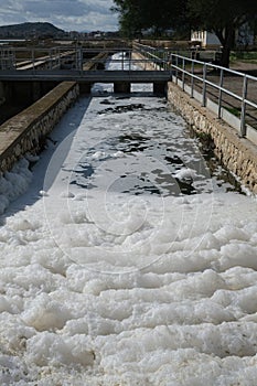 Pollution of a channel caused by surfactants. White foam in a stream kills life