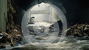 pollution in city drain system, polluted dredger tunnel, waste and garbage river, ecology issues concept, generative AI