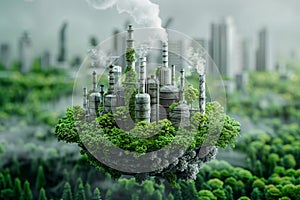 Pollution concept. Green planet made of grass with industrial plant and smog on background