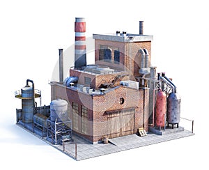 Pollution concept. Old factory isolated on white.