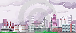 Pollution and enviroment, ecology vector illustration. Factory and plants building with smoking chimneys. Dirty smoke in