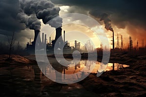 Pollution of the environment. Global warming concept. 3D rendering, Coal-fired power plant with plumes of smoke and steam rising