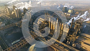 Pollution of the environment: a pipe with smoke. Industrial zone. Aerial view