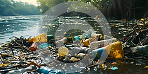 Pollution of the environment. Plastic trash in the river. Human collecting trash.