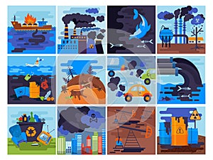 Pollution environment vector polluted air smog or toxic smoke of industrial city illustration cityscape set of