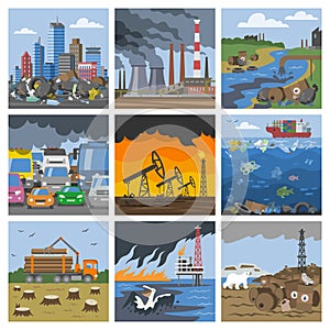 Pollution environment vector polluted air smog or toxic smoke of industrial city illustration cityscape set of