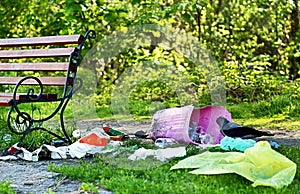 Pollution. Environmental problem. Garbage (rubbish) near bench.