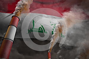 Pollution fight in Iraq concept - industrial 3D illustration of two big industrial pipes with heavy smoke on flag background