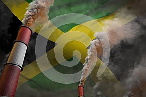 Pollution fight in Jamaica concept - industrial 3D illustration of two big industrial chimneys with heavy smoke on flag background