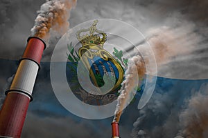 Pollution fight in San Marino concept - industrial 3D illustration of two big plant chimneys with dense smoke on flag background