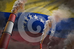 Pollution fight in Venezuela concept - industrial 3D illustration of two large industrial chimneys with dense smoke on flag