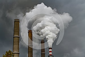 pollution, furnace inside a chemical plant, brown and white coal power plant emission.