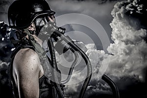 Pollution, nuclear disaster, man with gas mask, protection